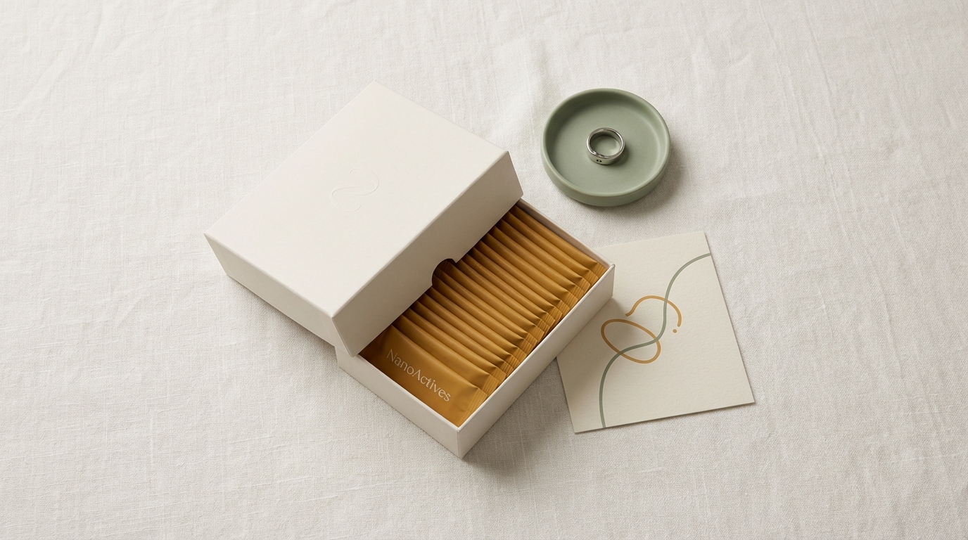 Monthly Mere subscription box with supplement sachets, Pulse ring, and health insights card