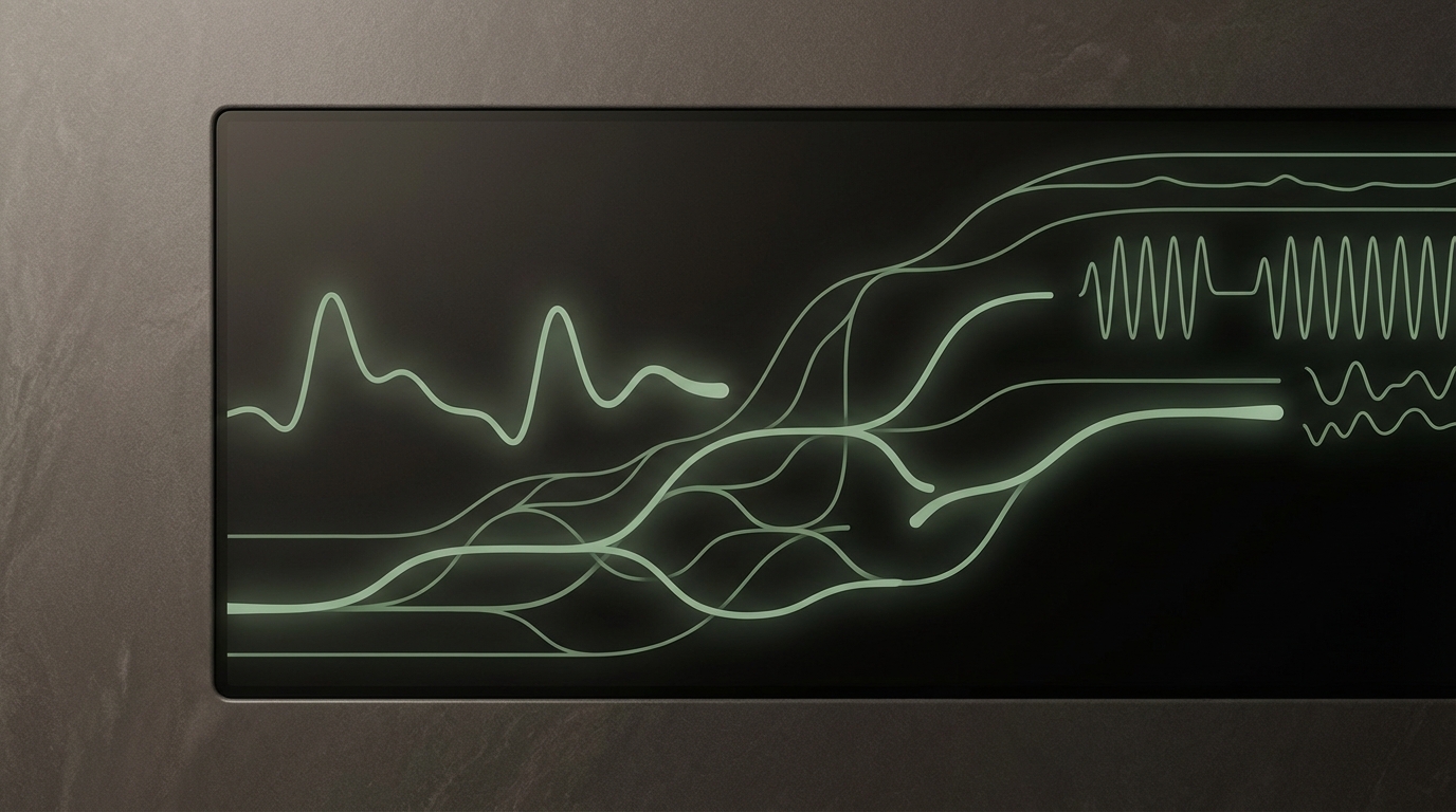 Biometric data stream visualization from Mere Pulse showing flowing pulse waveforms