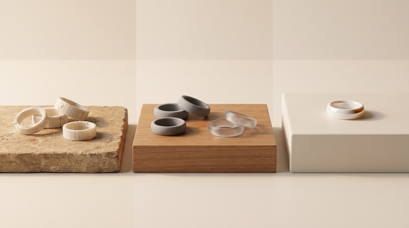 Product development journey from early 3D-printed ring prototypes to polished white ceramic Mere Pulse